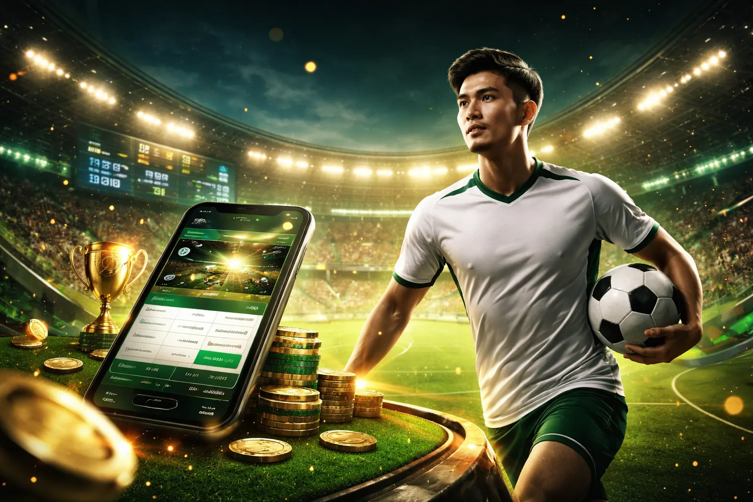 Sân vận động đầy ắp khán giả với logo 97win trên màn hình lớn